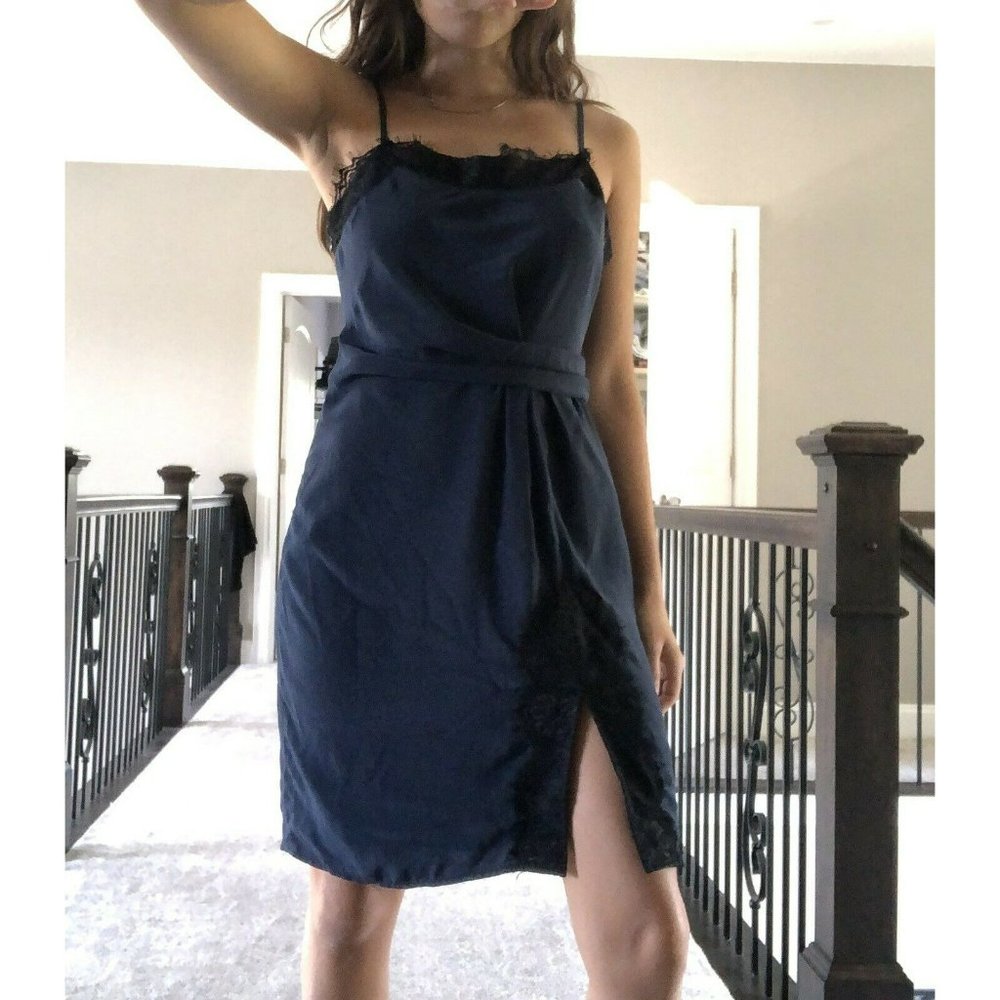 Victoria's Secret blue dress black lace slip dress slit Size 4